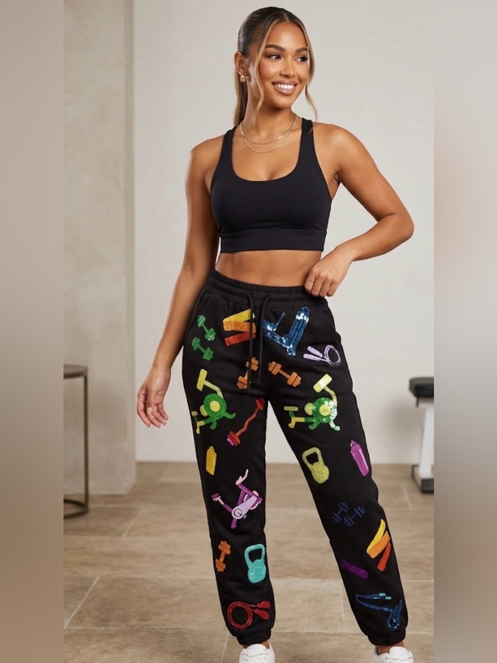 NWOT! QUEEN OF SPARKLES Black Sequin Workout Joggers